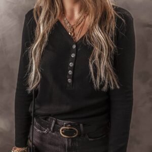 Black Buttoned V Neck Long Sleeve Ribbed Top