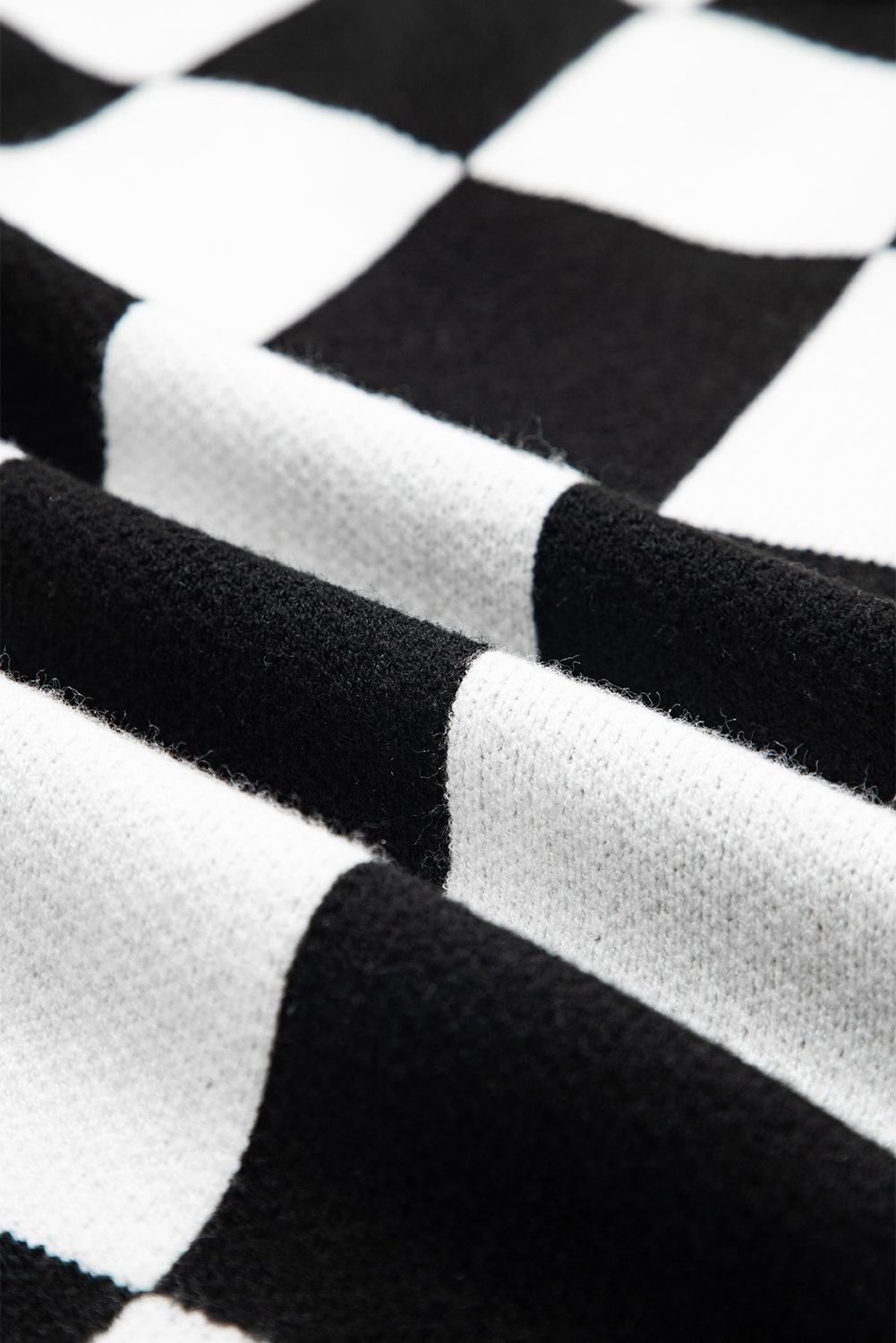 Black Checked Notched Neckline Drop Shoulder Knit Sweater