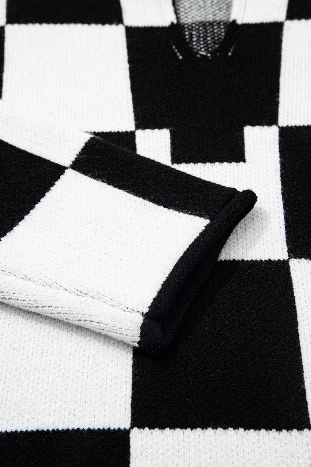 Black Checked Notched Neckline Drop Shoulder Knit Sweater