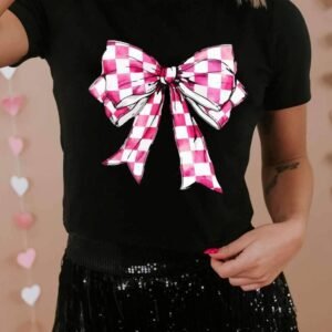 Black Checkerboard Bowknot Graphic Crewneck T Shirt