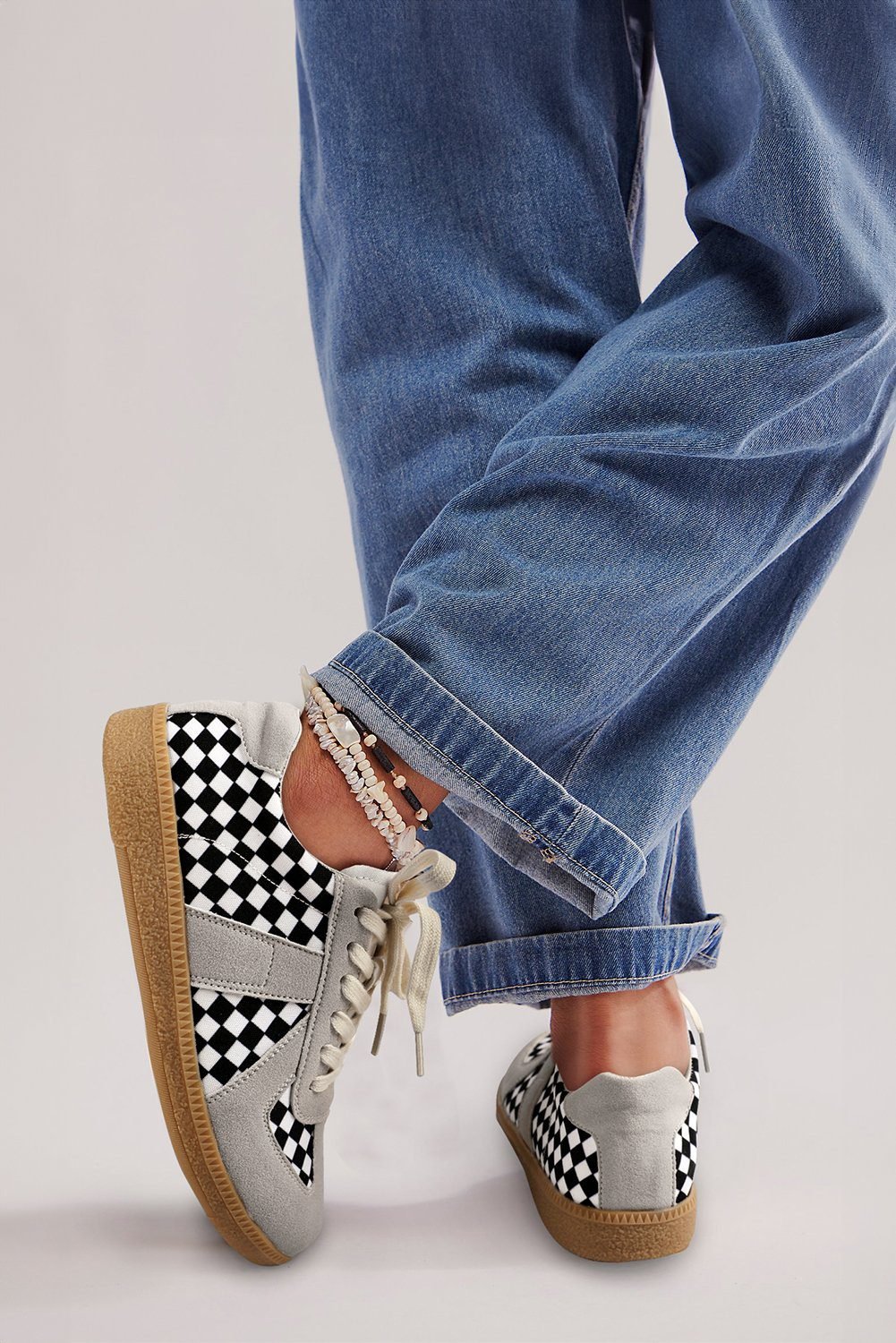 Black Checkerboard Patchwork Lace-Up Flat Leatherette Shoes