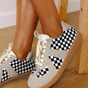 Black Checkerboard Patchwork Lace-Up Flat Leatherette Shoes