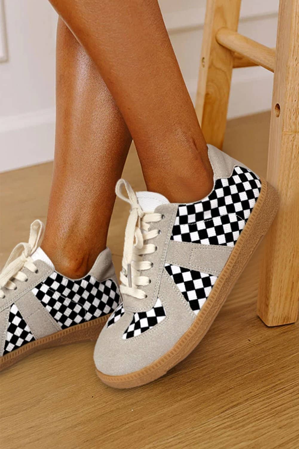Black Checkerboard Patchwork Lace-Up Flat Leatherette Shoes