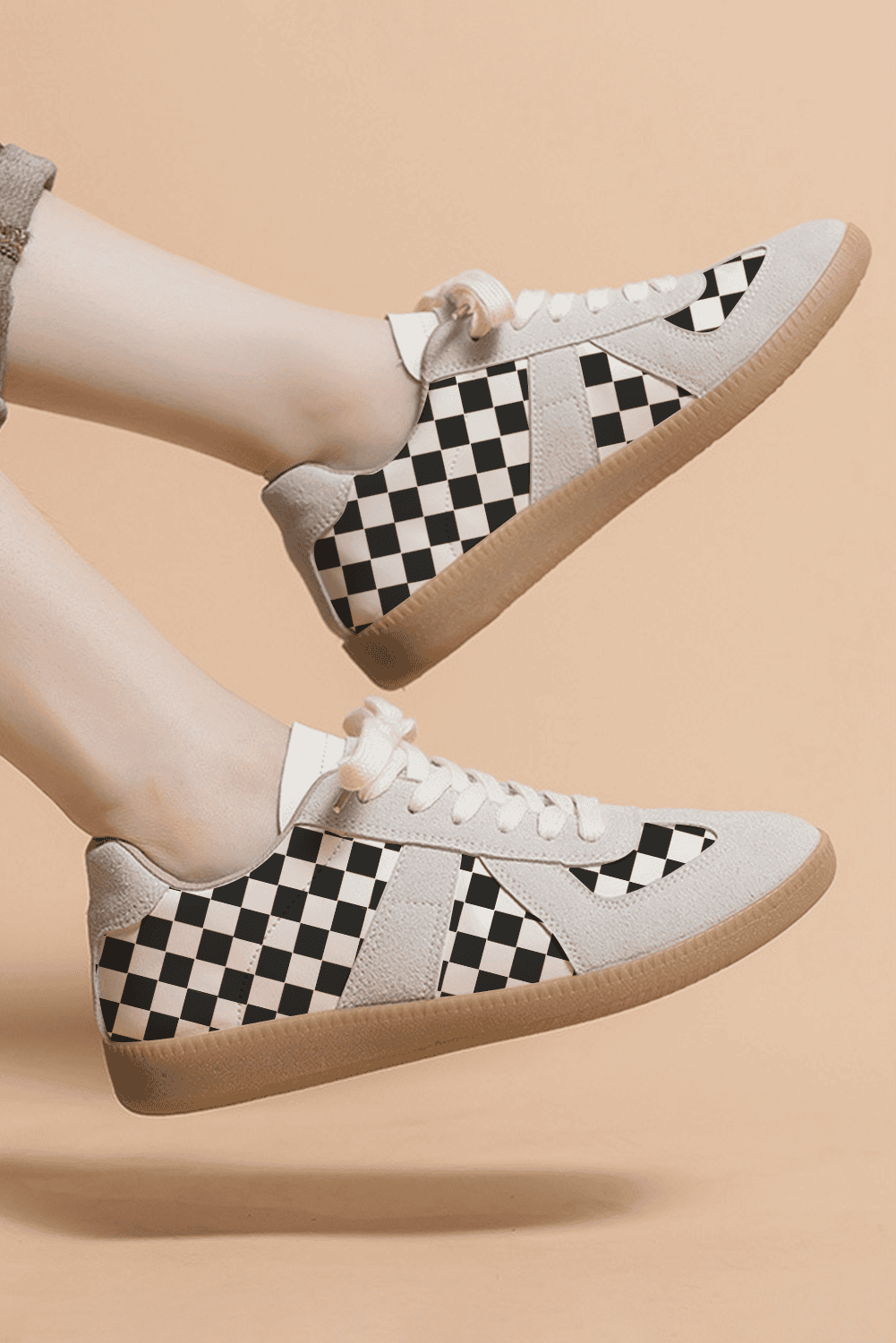 Black Checkerboard Patchwork Lace-Up Flat Leatherette Shoes