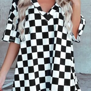 Black Checkerboard Print V Neck Loose Tee And Shorts Lounge Set