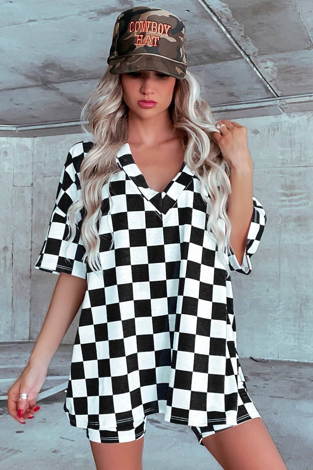 Black Checkerboard Print V Neck Loose Tee And Shorts Lounge Set