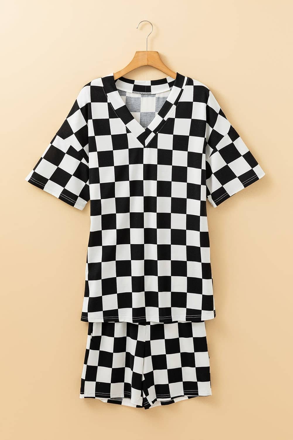 Black Checkerboard Print V Neck Loose Tee And Shorts Lounge Set