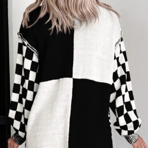 Black Checkered Open Front Drop Shoulder Cardigan