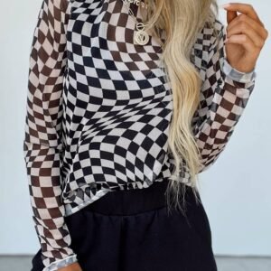 Black Checkered Pattern Mesh Mock Neck Long Sleeve Top