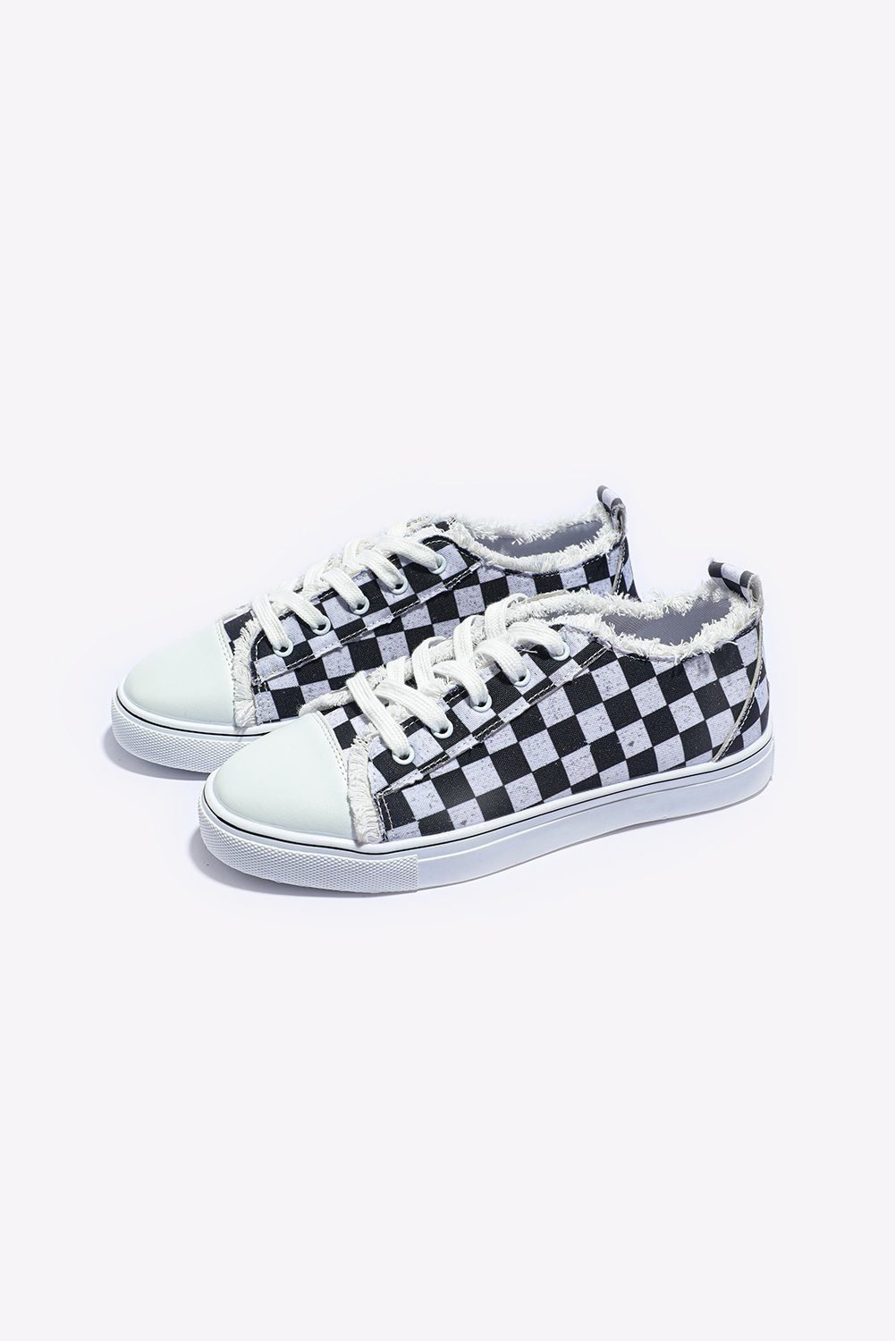 Black Checkered Print Raw Edge Lace-Up Canvas Shoes