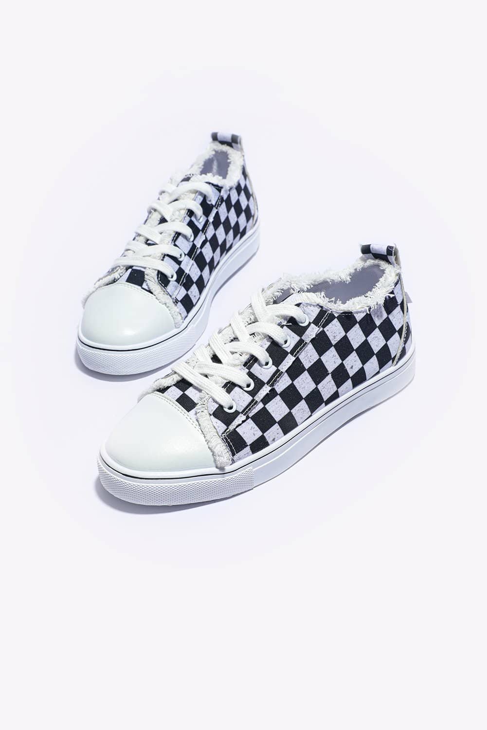 Black Checkered Print Raw Edge Lace-Up Canvas Shoes