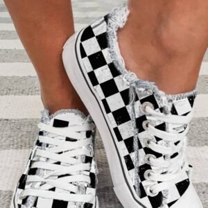 Black Checkered Print Raw Edge Lace-Up Canvas Shoes