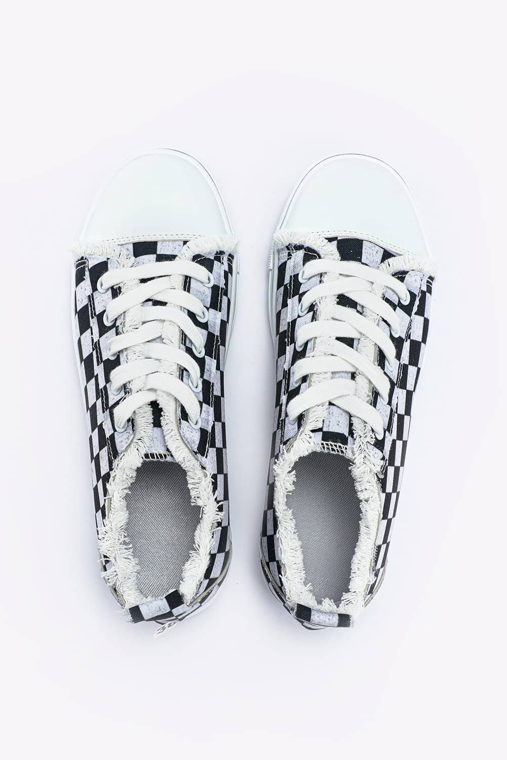 Black Checkered Print Raw Edge Lace-Up Canvas Shoes