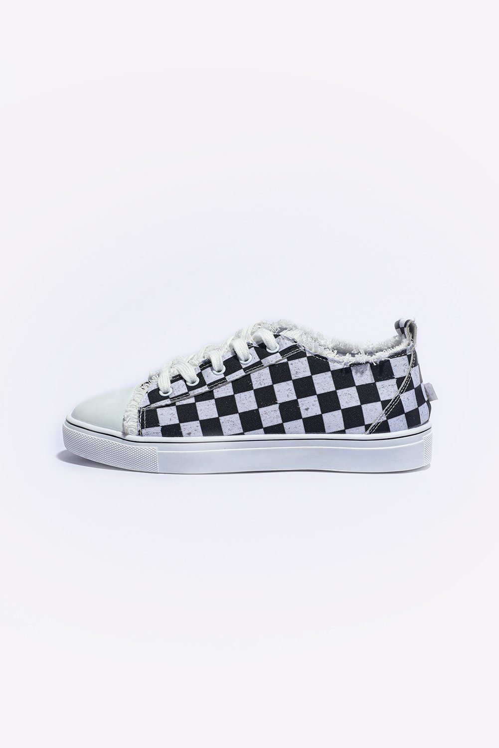Black Checkered Print Raw Edge Lace-Up Canvas Shoes
