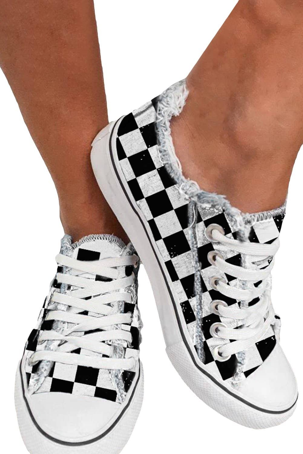 Black Checkered Print Raw Edge Lace-Up Canvas Shoes