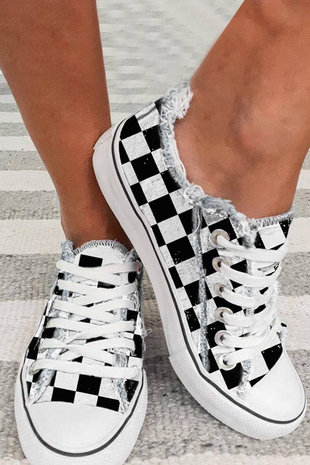 Black Checkered Print Raw Edge Lace-Up Canvas Shoes