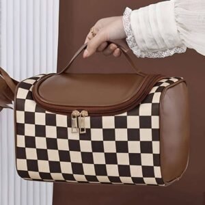 Black Checkered Pu Leather Zipper Makeup Bag