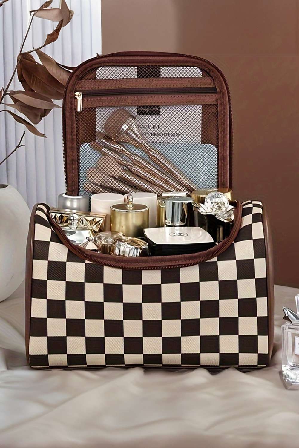 Black Checkered Pu Leather Zipper Makeup Bag
