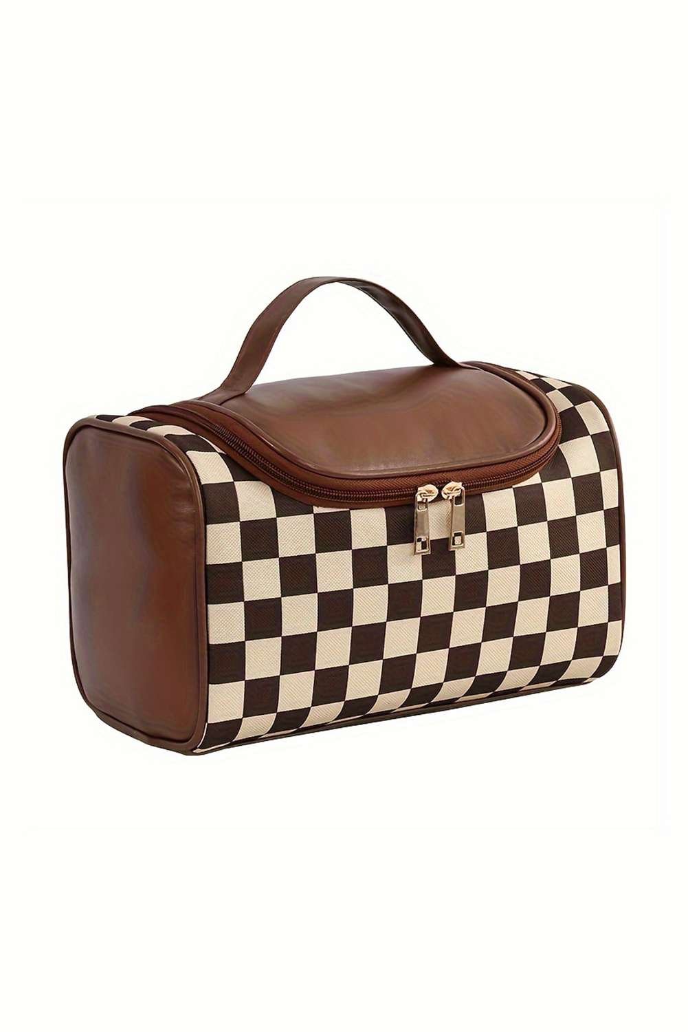 Black Checkered Pu Leather Zipper Makeup Bag
