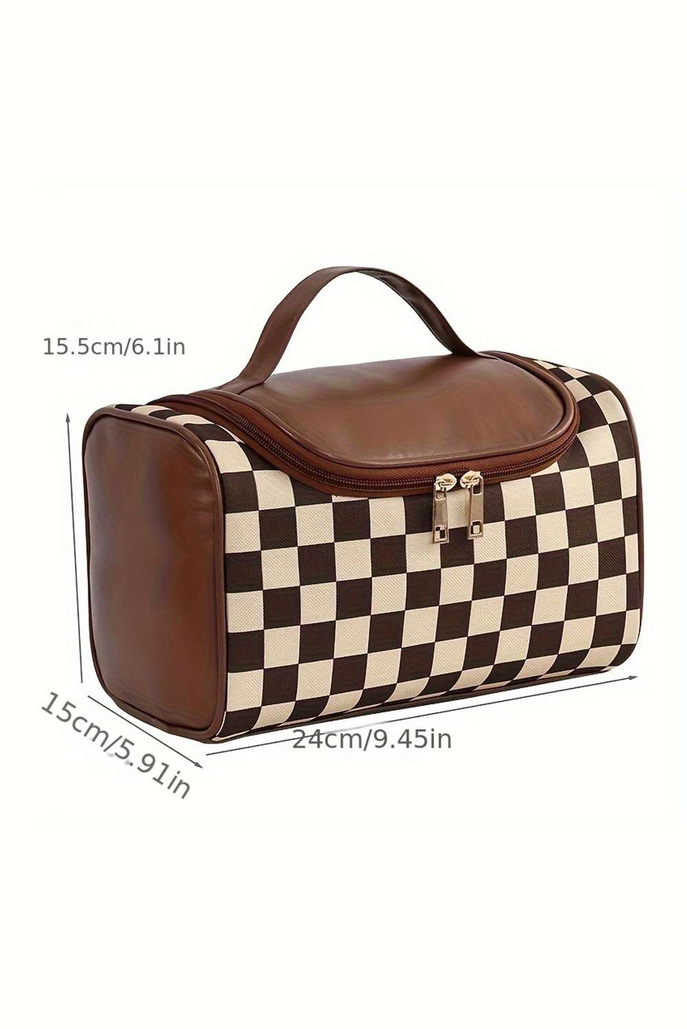 Black Checkered Pu Leather Zipper Makeup Bag