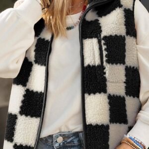 Black Checkered Sherpa Collared Jacket Vest