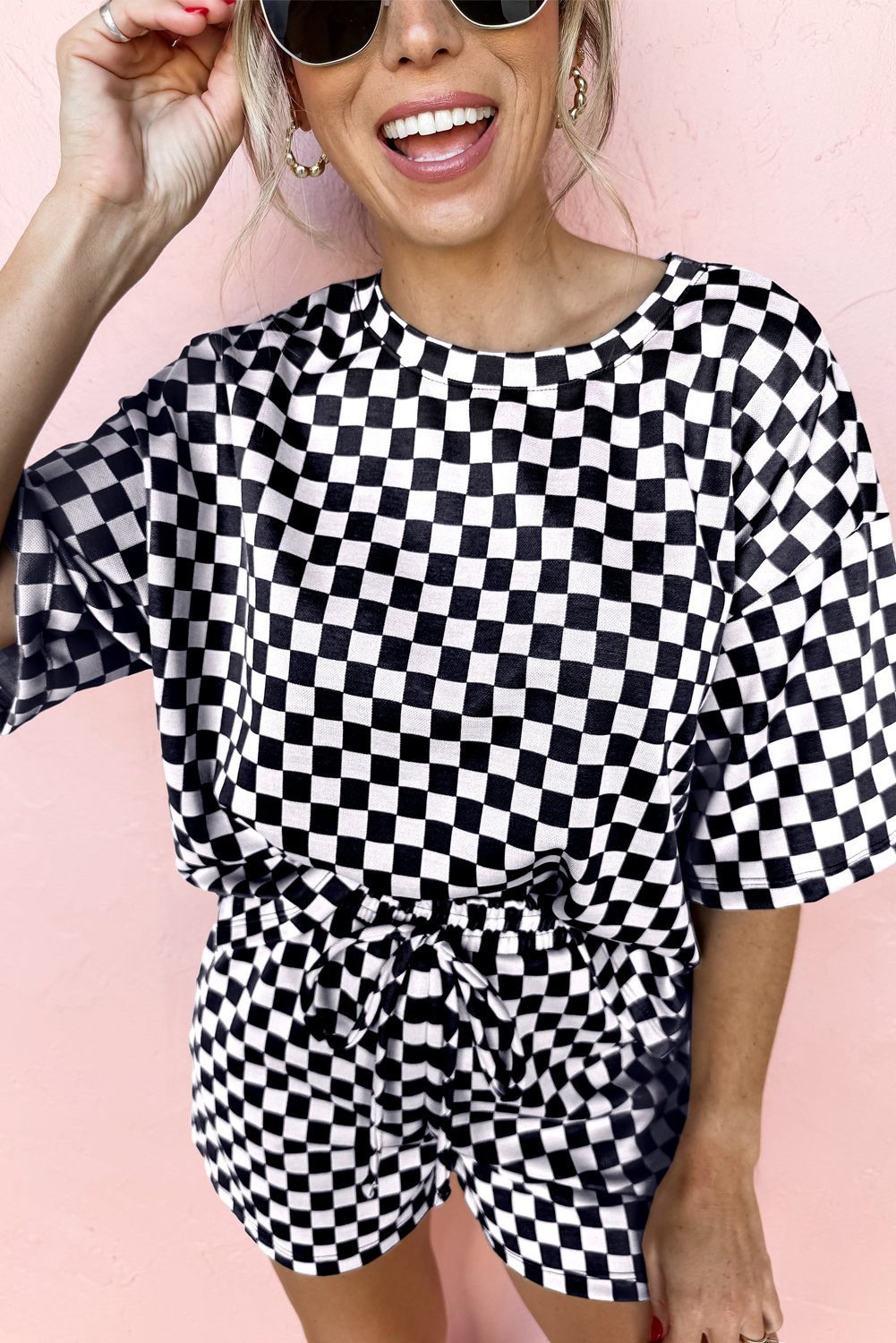 Black Checkered Top And Short Casual 2Pcs Set