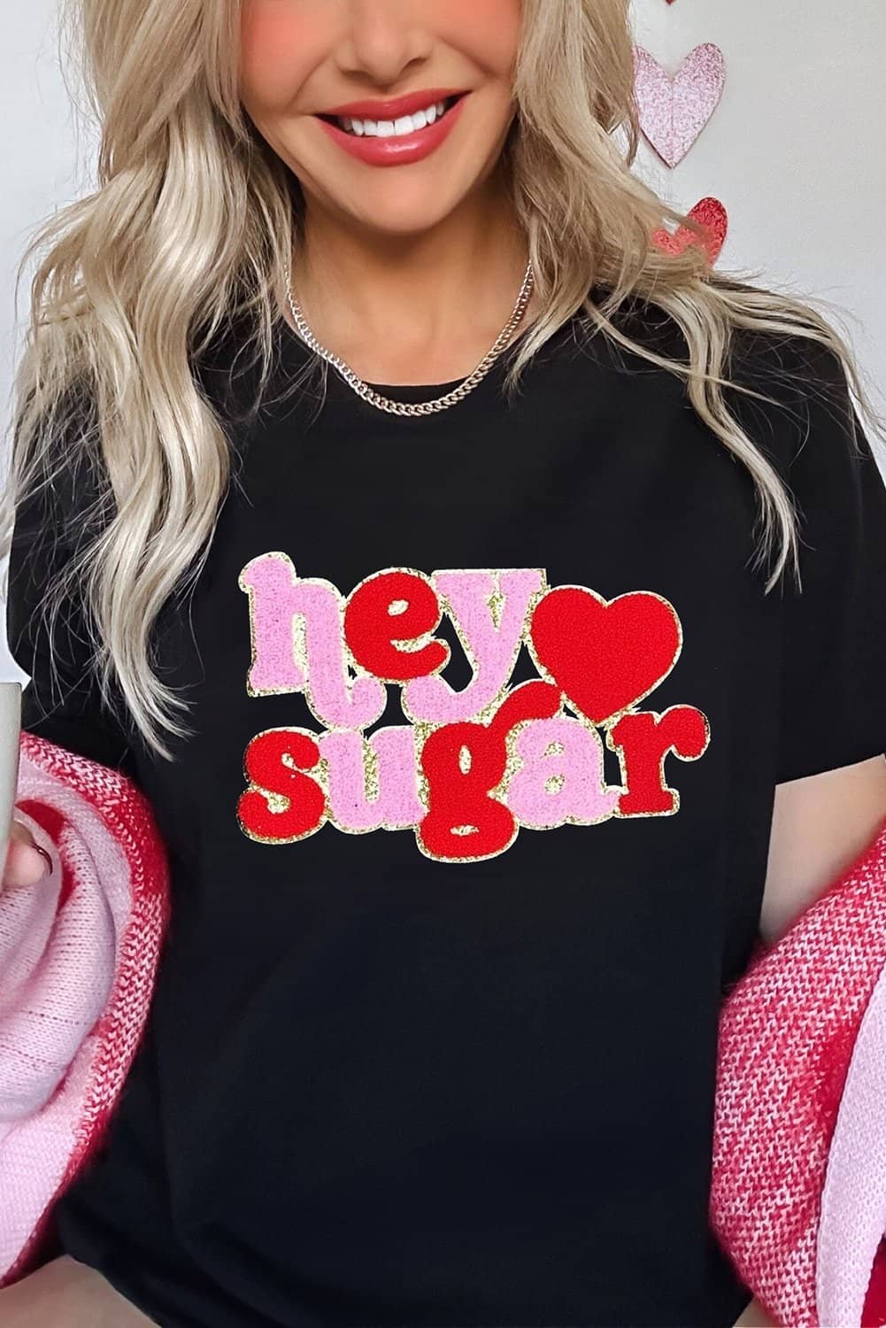 Black Chenille Heart Hey Sugar Patched Crewneck Valentines Tee