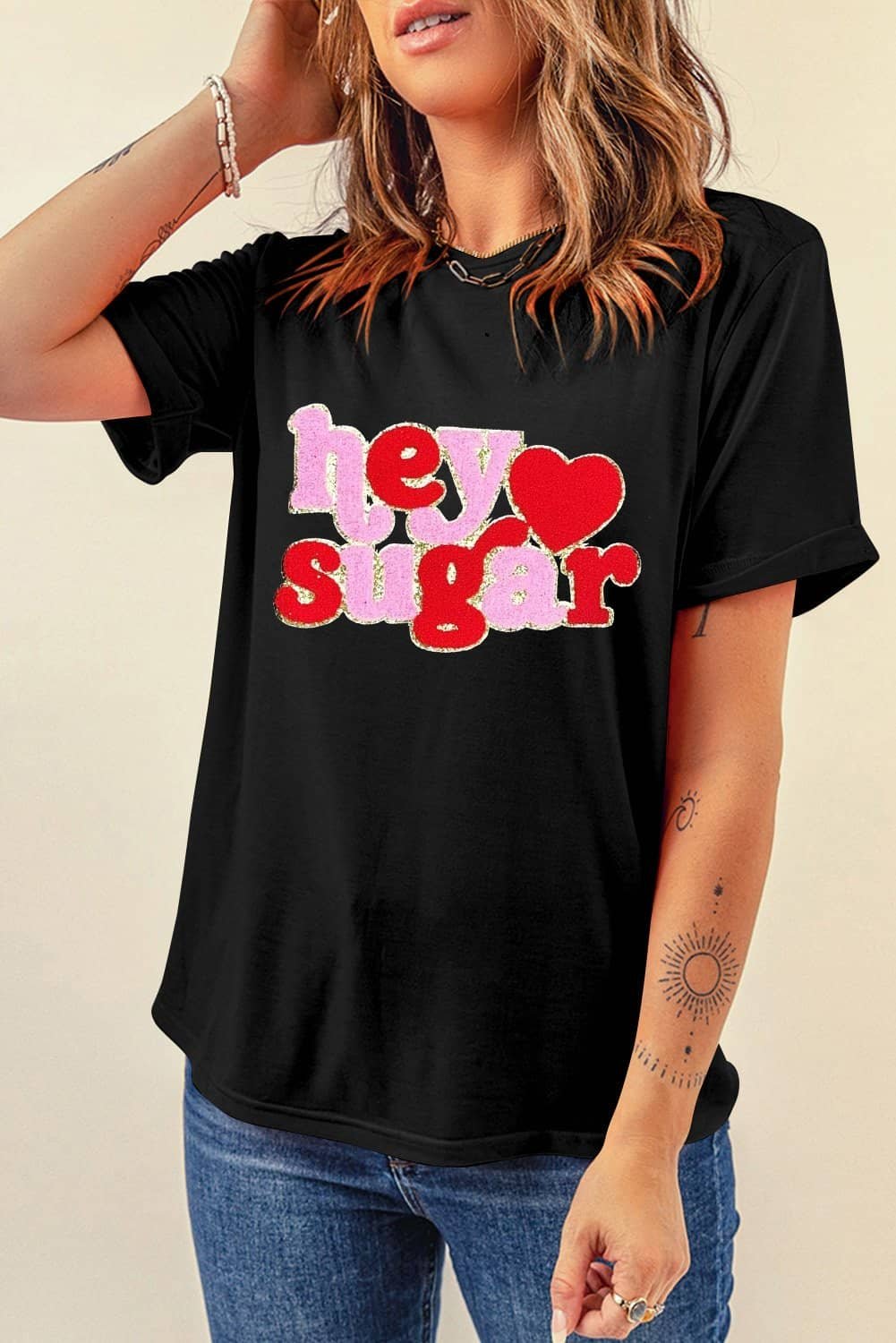 Black Chenille Heart Hey Sugar Patched Crewneck Valentines Tee