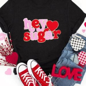 Black Chenille Heart Hey Sugar Patched Crewneck Valentines Tee