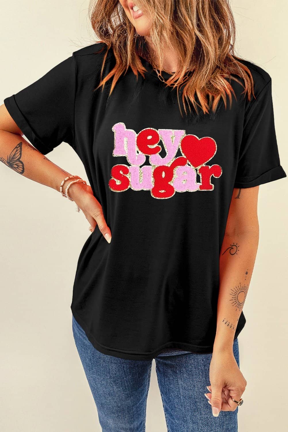 Black Chenille Heart Hey Sugar Patched Crewneck Valentines Tee