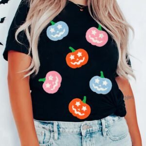 Black Chenille Pumpkin Patched Playful Halloween T Shirt