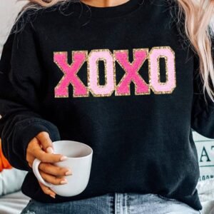 Black Chenille Xoxo Patched Drop Shoulder Valentines Pullover Sweatshirt