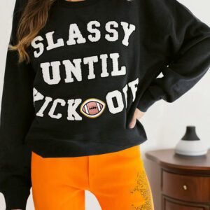 Black Classy Until Kickoff Plush Letter Patched Loose Sweatshirt