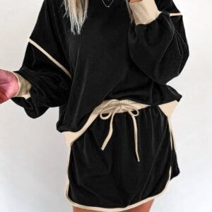 Black Color Contrast Loose Pullover And Lace-Up Waist Skort Set