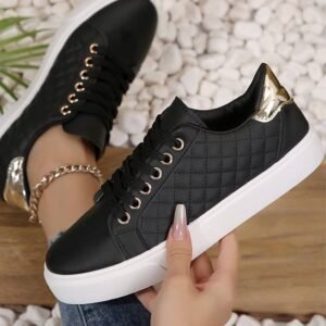 Black Color Contrast Quilted Lace-Up Sneakers