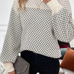 Black Contrast Color Pattern Lantern Sleeve Sweater