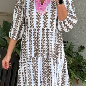 Black Contrast Floral V Neck Printed Bracelet Sleeve Dress