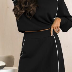 Black Contrast Piping Crewneck Pullover Mini Skirt Set