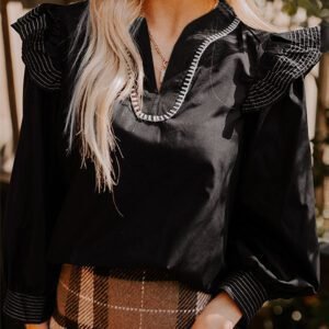Black Contrast Stitched Detail V Neck Ruffle Long Sleeve Blouse