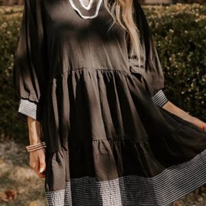 Black Contrast Stitched V Neck 3/4 Sleeve Tiered Mini Dress