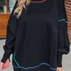 Black Contrast Stitching Split Baggy Sweatshirt