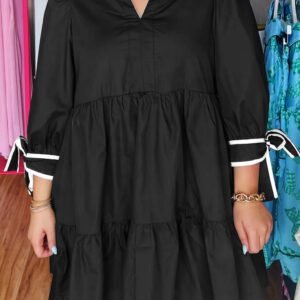 Black Contrast Trim Knot Cuffs Plus Size V Neck Mini Dress