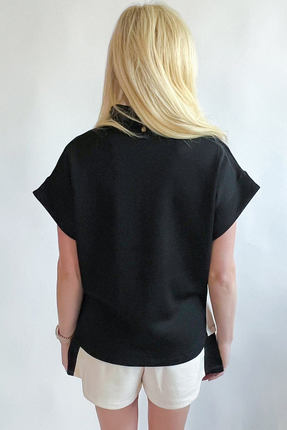 Black Contrast Zipped Stand Collared T Shirt And Short Set