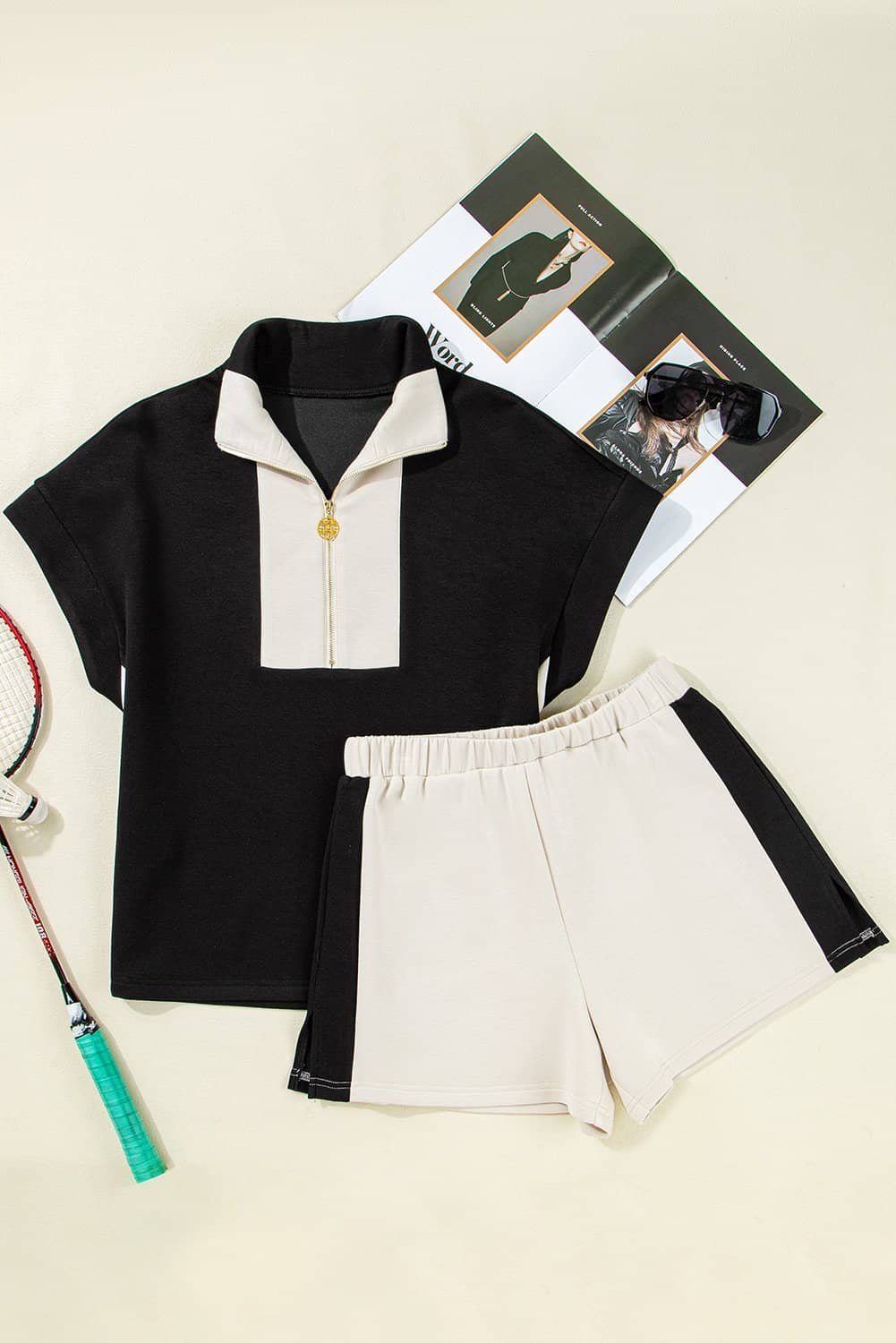 Black Contrast Zipped Stand Collared T Shirt And Short Set