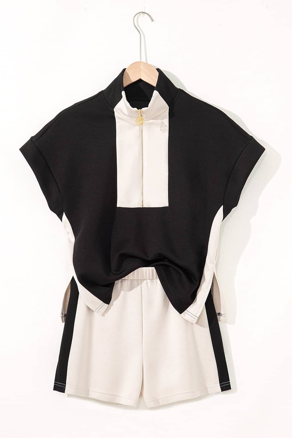 Black Contrast Zipped Stand Collared T Shirt And Short Set