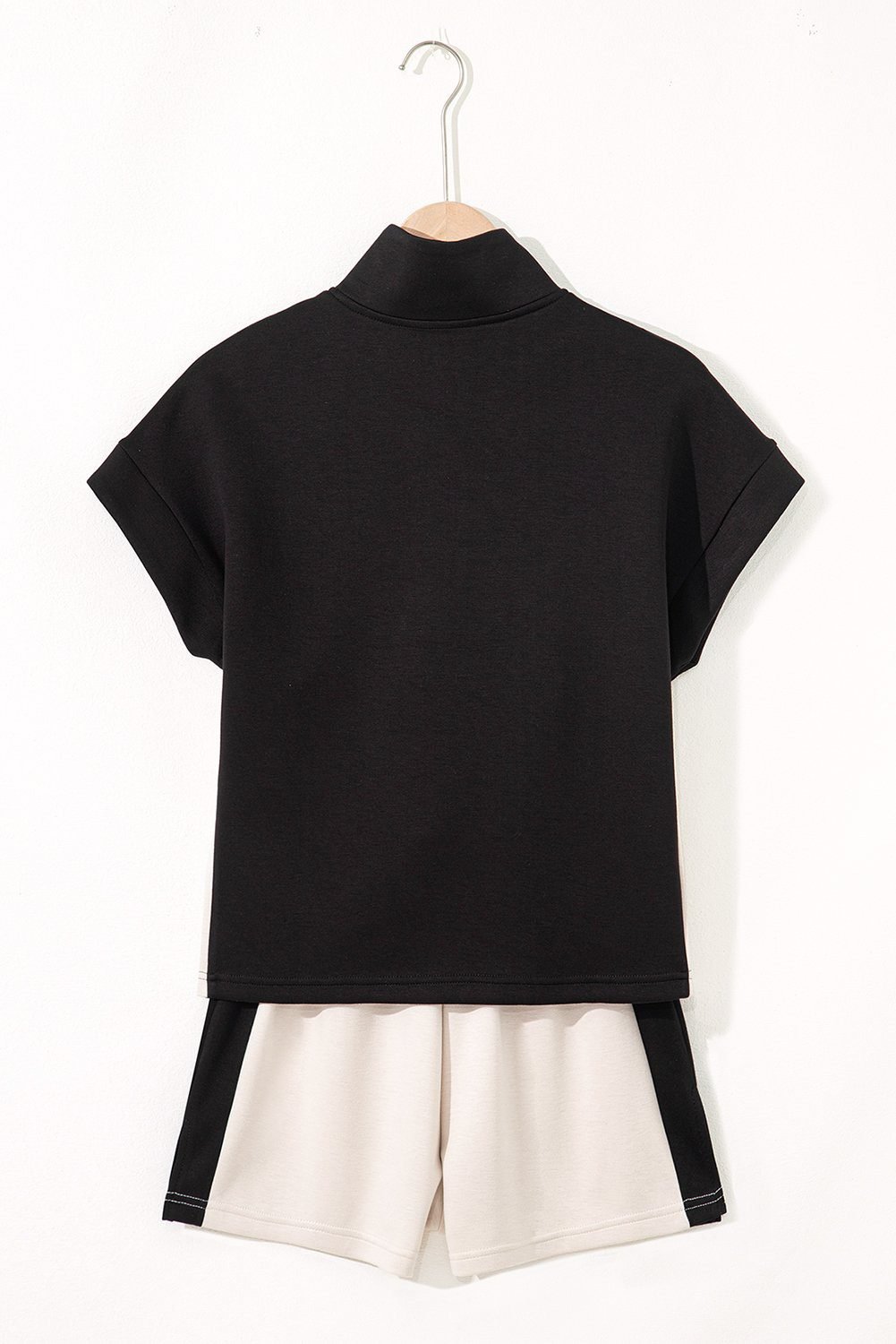 Black Contrast Zipped Stand Collared T Shirt And Short Set