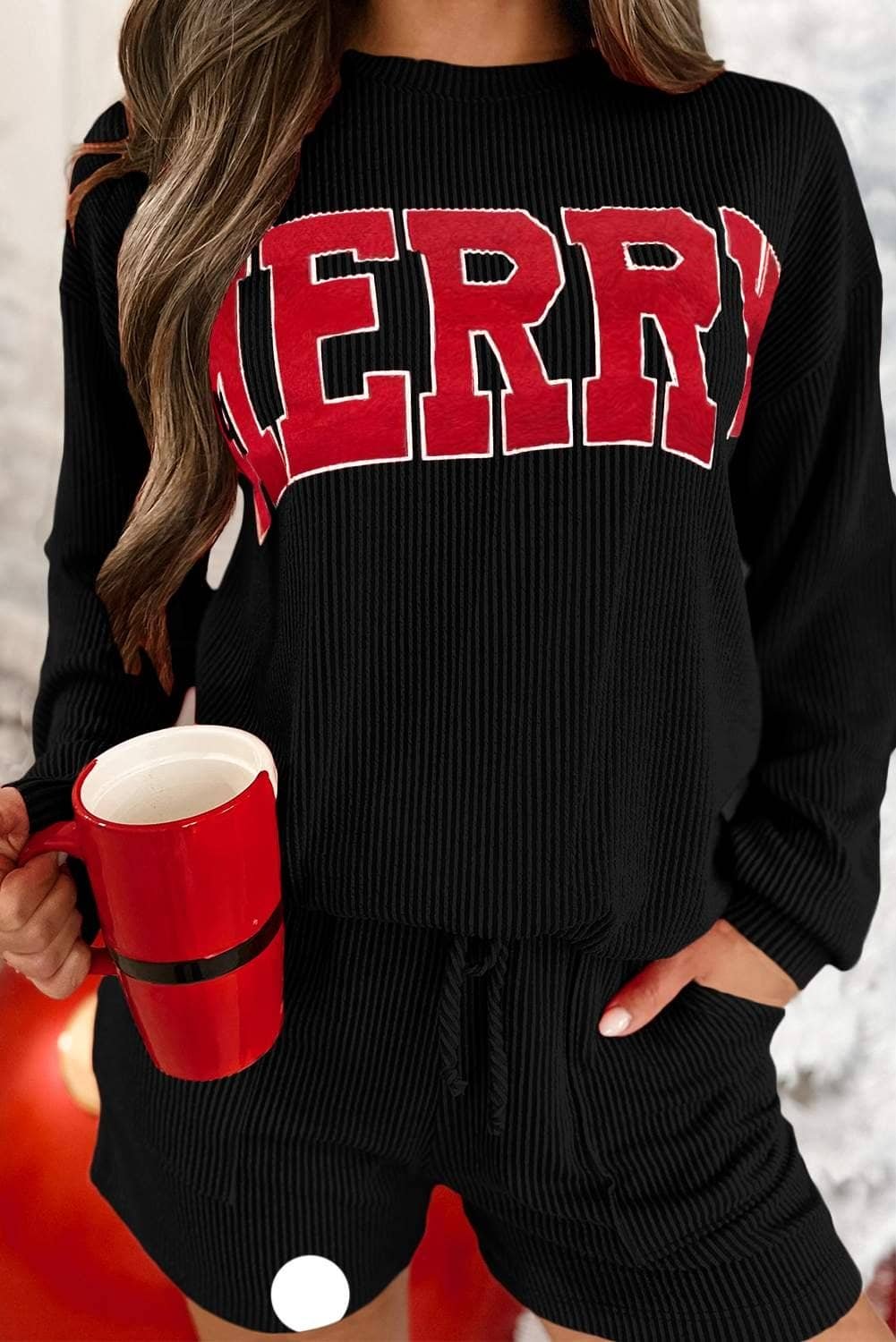 Black Corded Merry Graphic Long Sleeve Top And Shorts Set