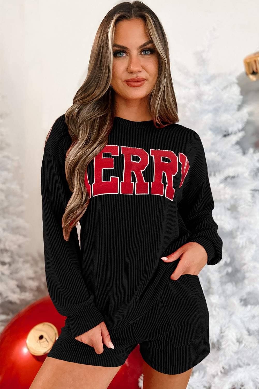 Black Corded Merry Graphic Long Sleeve Top And Shorts Set