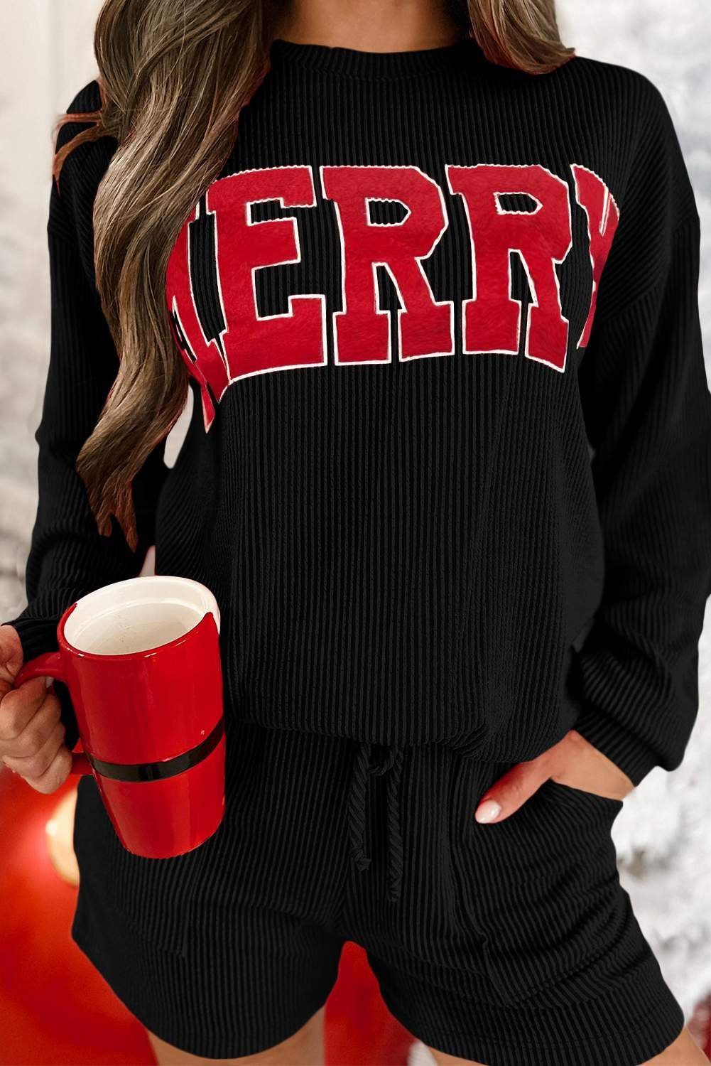 Black Corded Merry Graphic Long Sleeve Top And Shorts Set