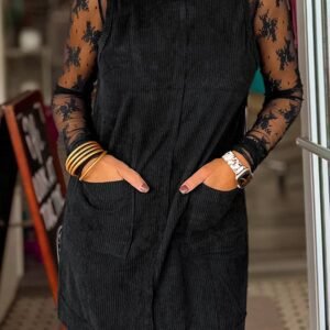 Black Corduroy Sleeveless Mini Dress With Patched Pockets
